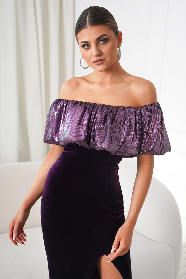 MARTINA purple sequin with velvet evening maxi dress