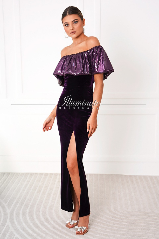 MARTINA purple sequin with velvet evening maxi dress