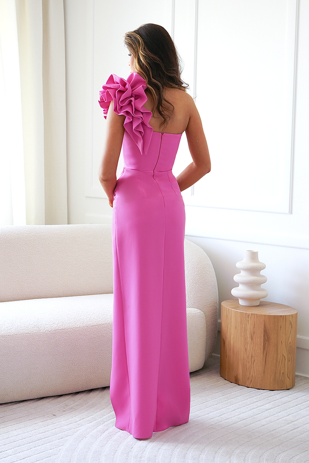 GINEVRA long red dress with ruffles fuchsia