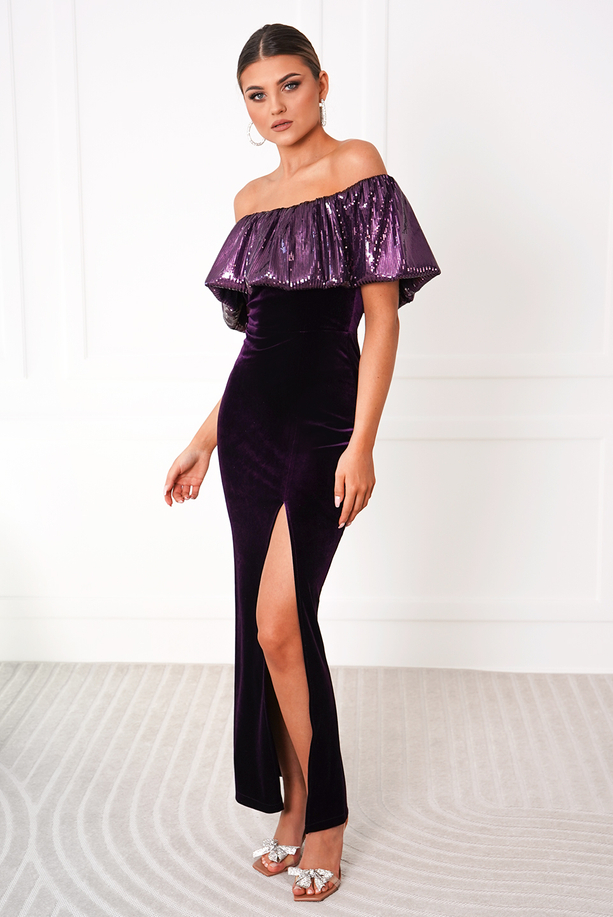 MARTINA purple sequin with velvet evening maxi dress