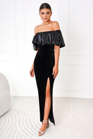 MARTINA black sequin with velor evening maxi dress