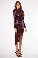 SHIRETT burgundy midi shiny dress